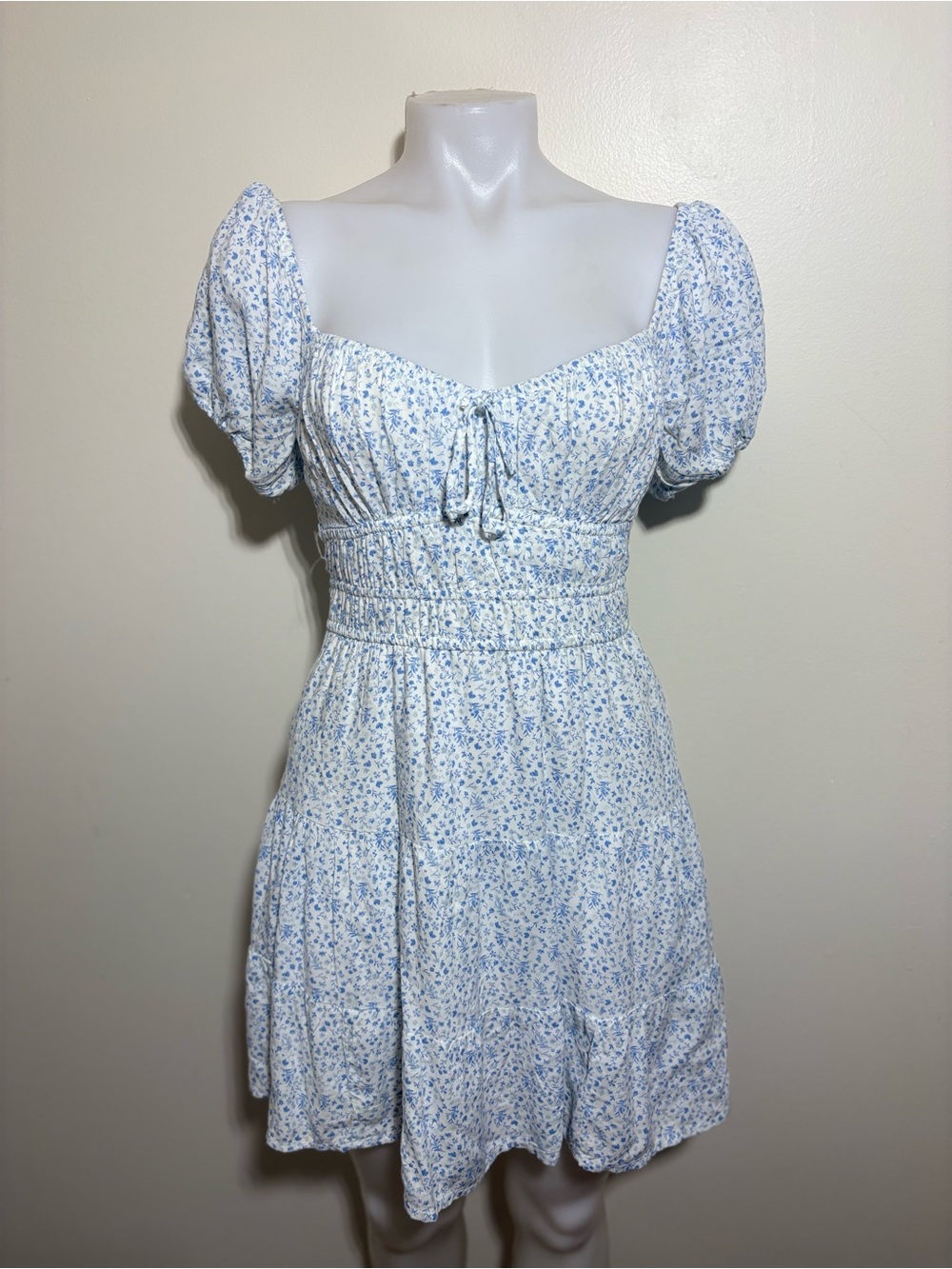 Hollister White Mini Dress with Blue Floral Print and Puff Sleeves
